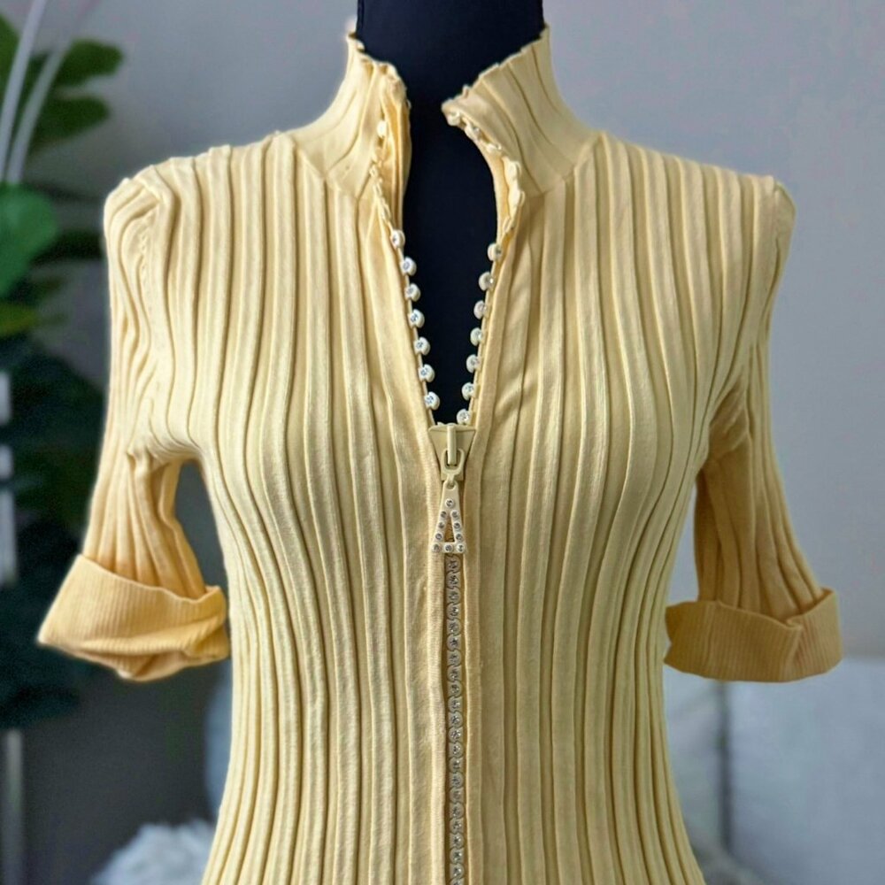 Belldini Sexy Yellow Rhinestone Crystal Zipper Mock Neck Collared Shirt Medium M